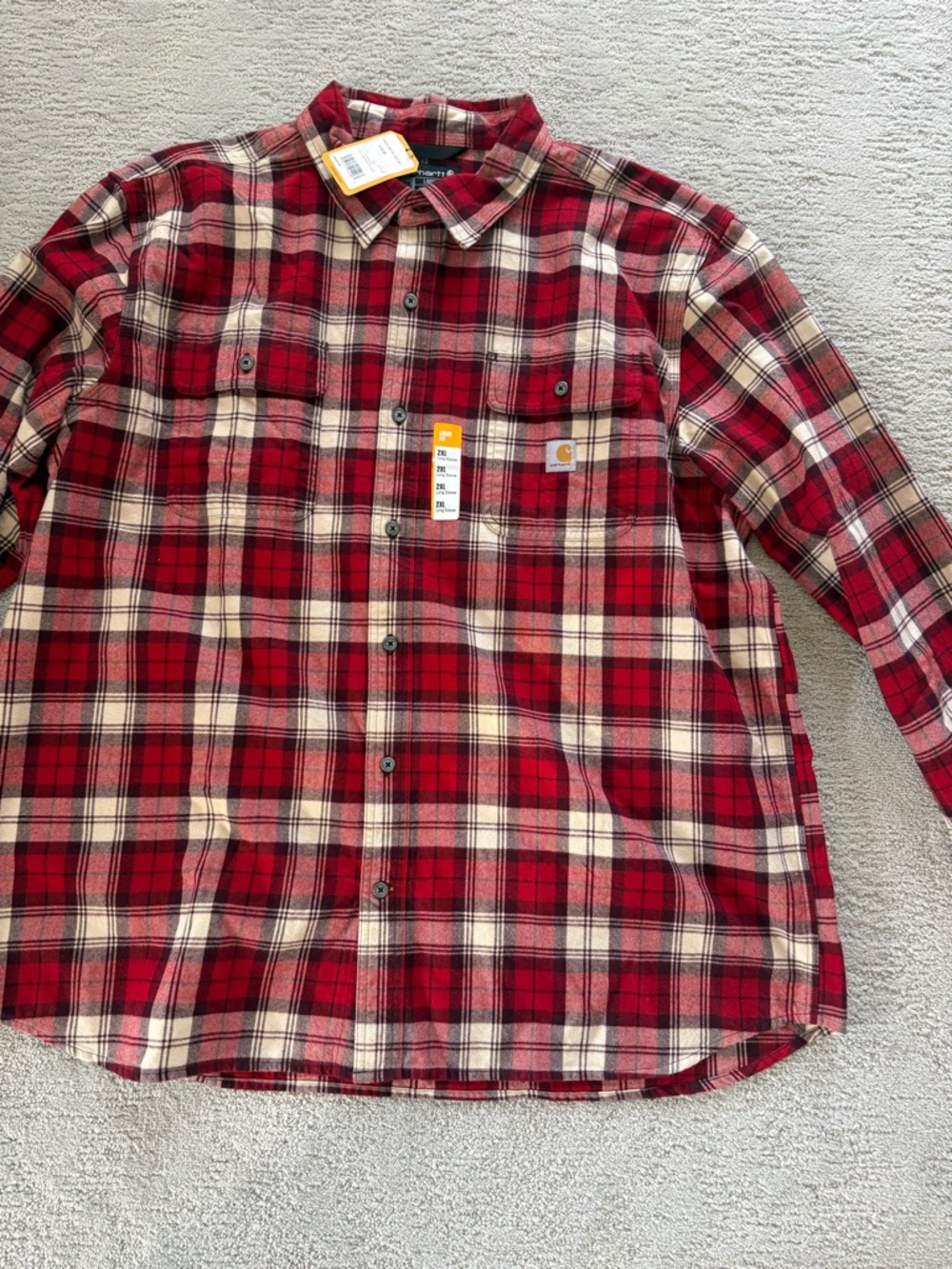 Carhartt Men’s Red and Cream Plaid Flannel Button-Down Shirt